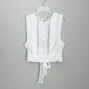 Free People Size S White Boho Cottagecore Lace Open Tie Back Crop Top Sheer